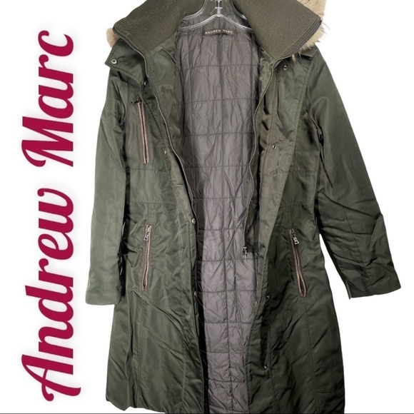 ANDREW MARC Olive Army Green Long Down Coat With Fur Trimmed Hood, Size Small - Picture 6 of 11